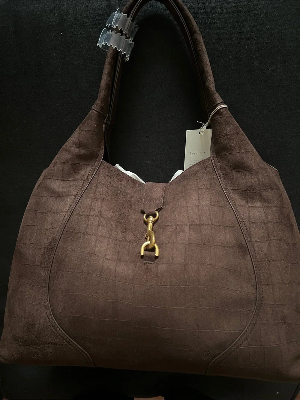 NWT- Brown Suede Hobo Shoulder Bag with Gold Hardware